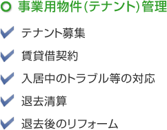 事業用物件(テナント)管理・賃貸借契約・入居中のトラブル等の対応・退去清算・退去後のリフォーム